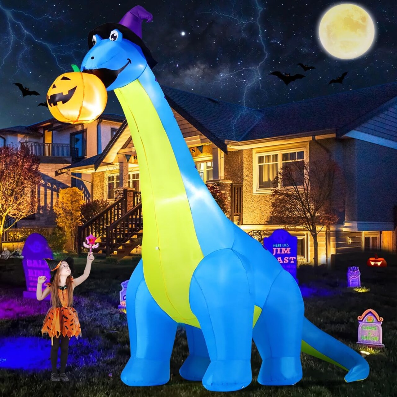 Halloween Inflatables Outdoor Decorations 10 FT Tall Dinosaurs Eating Pumpkin (blue)